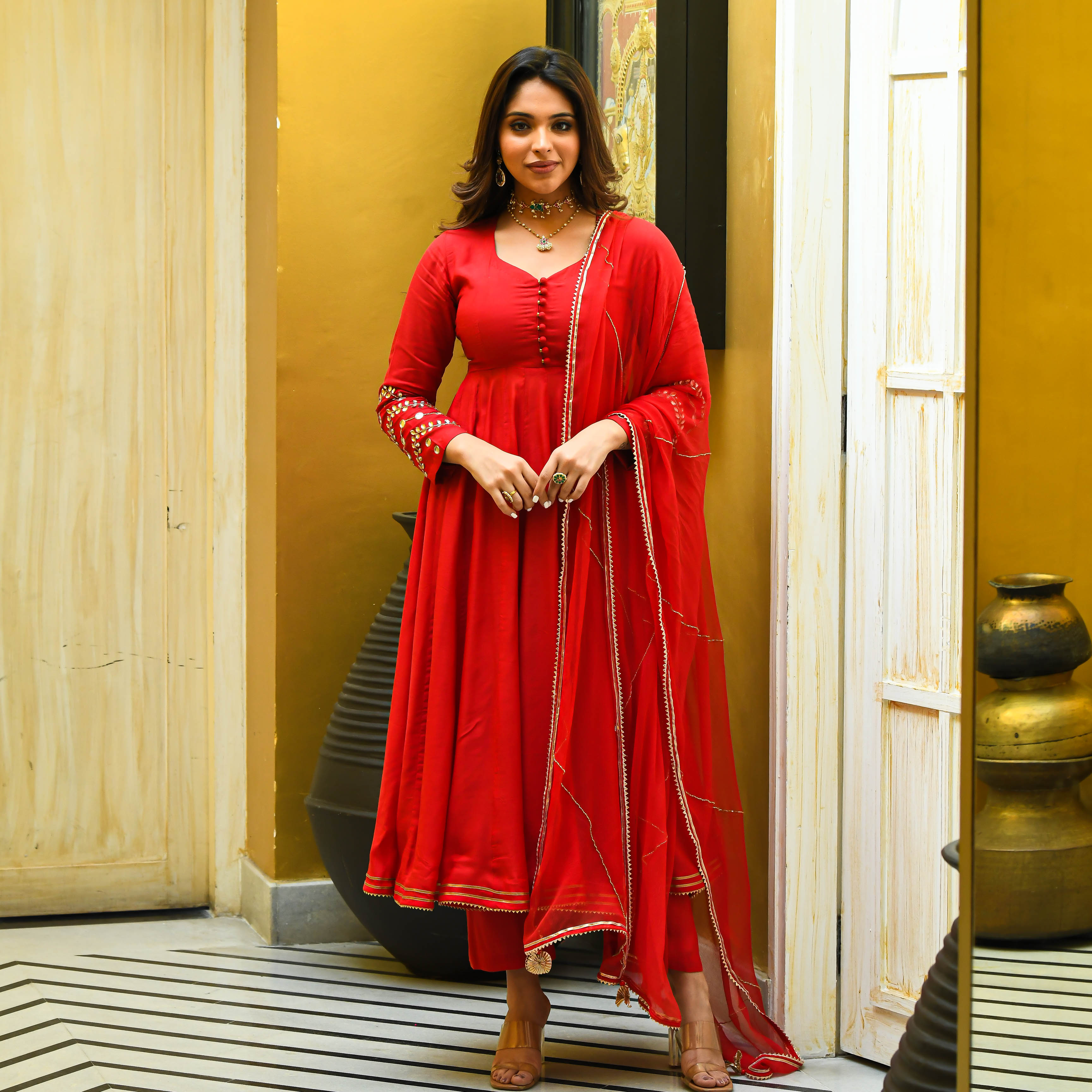 Full Sleeve Silk Anarkali Suit Set with Mirror work