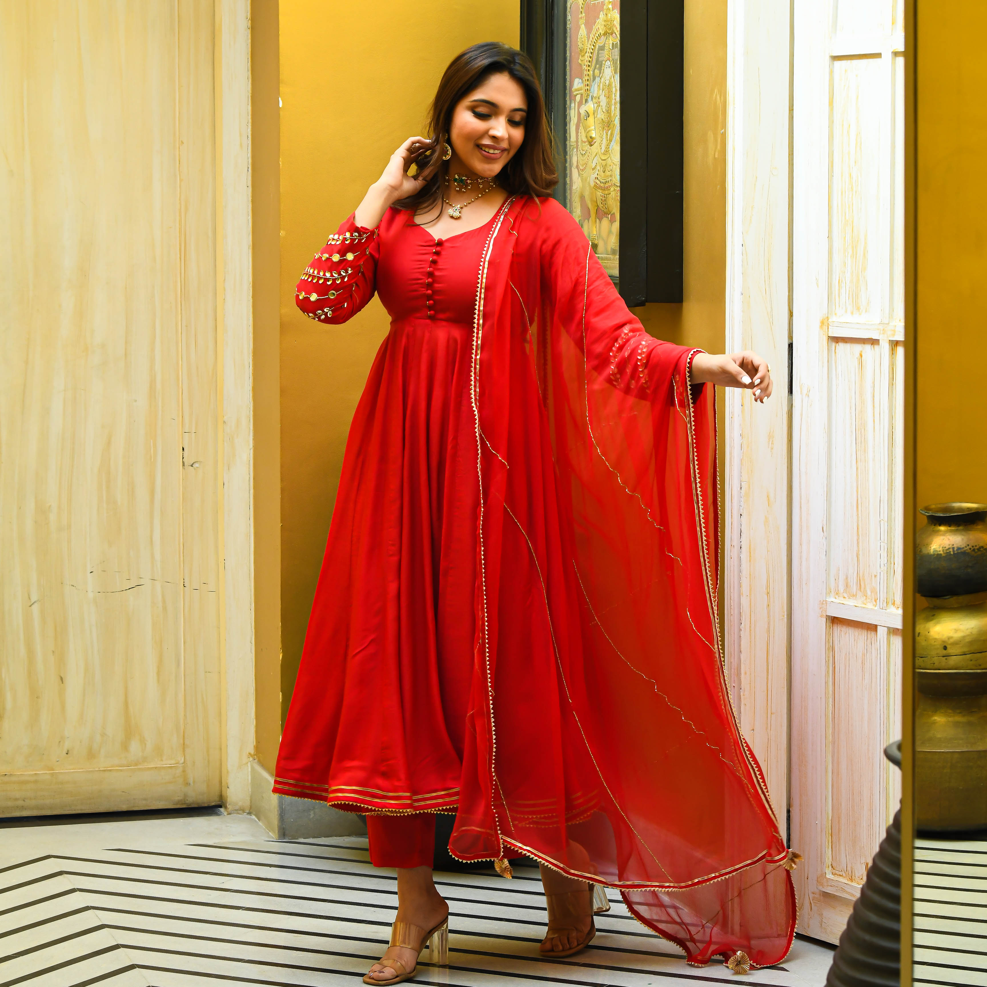 Full Sleeve Silk Anarkali Suit Set with Mirror work