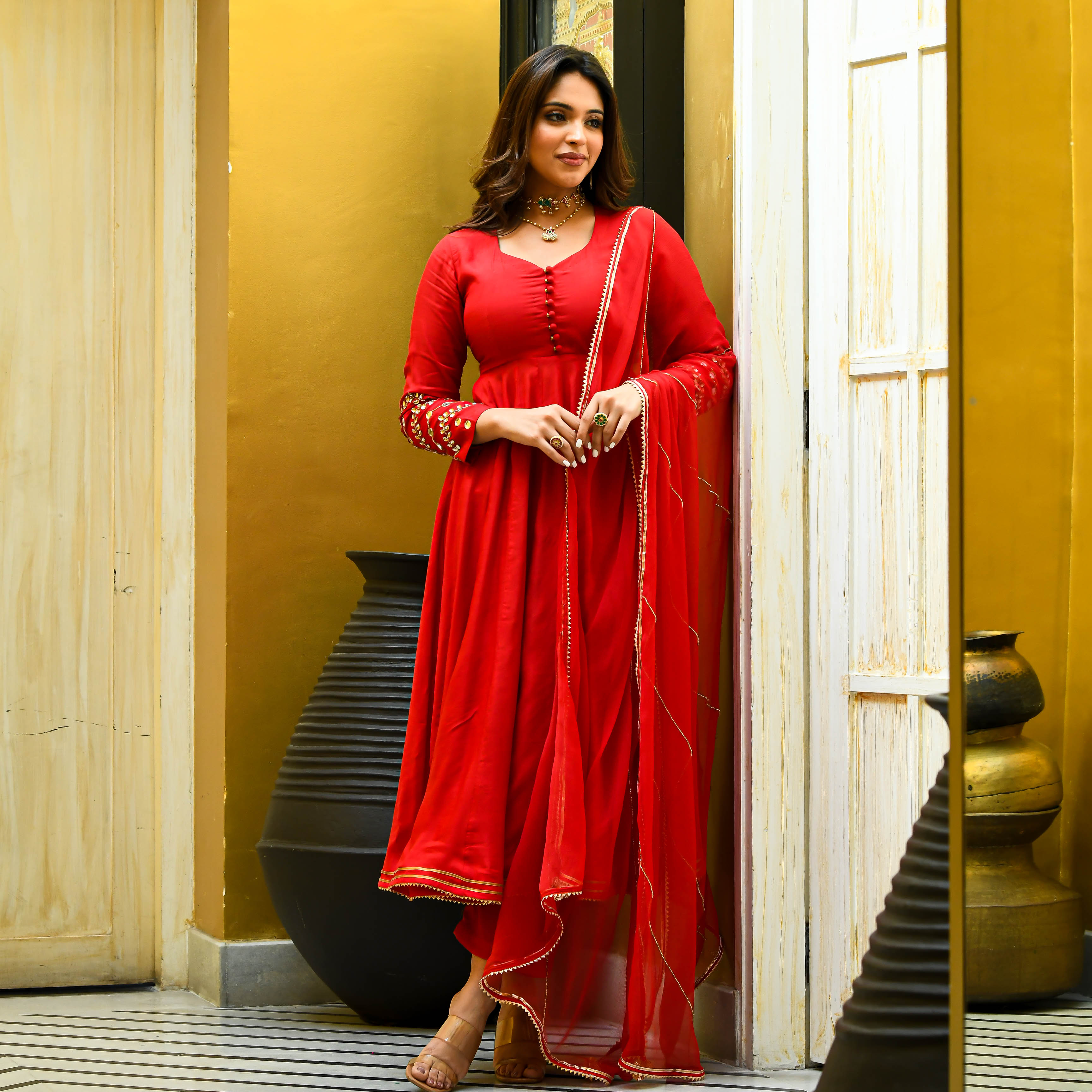 Full Sleeve Silk Anarkali Suit Set with Mirror work