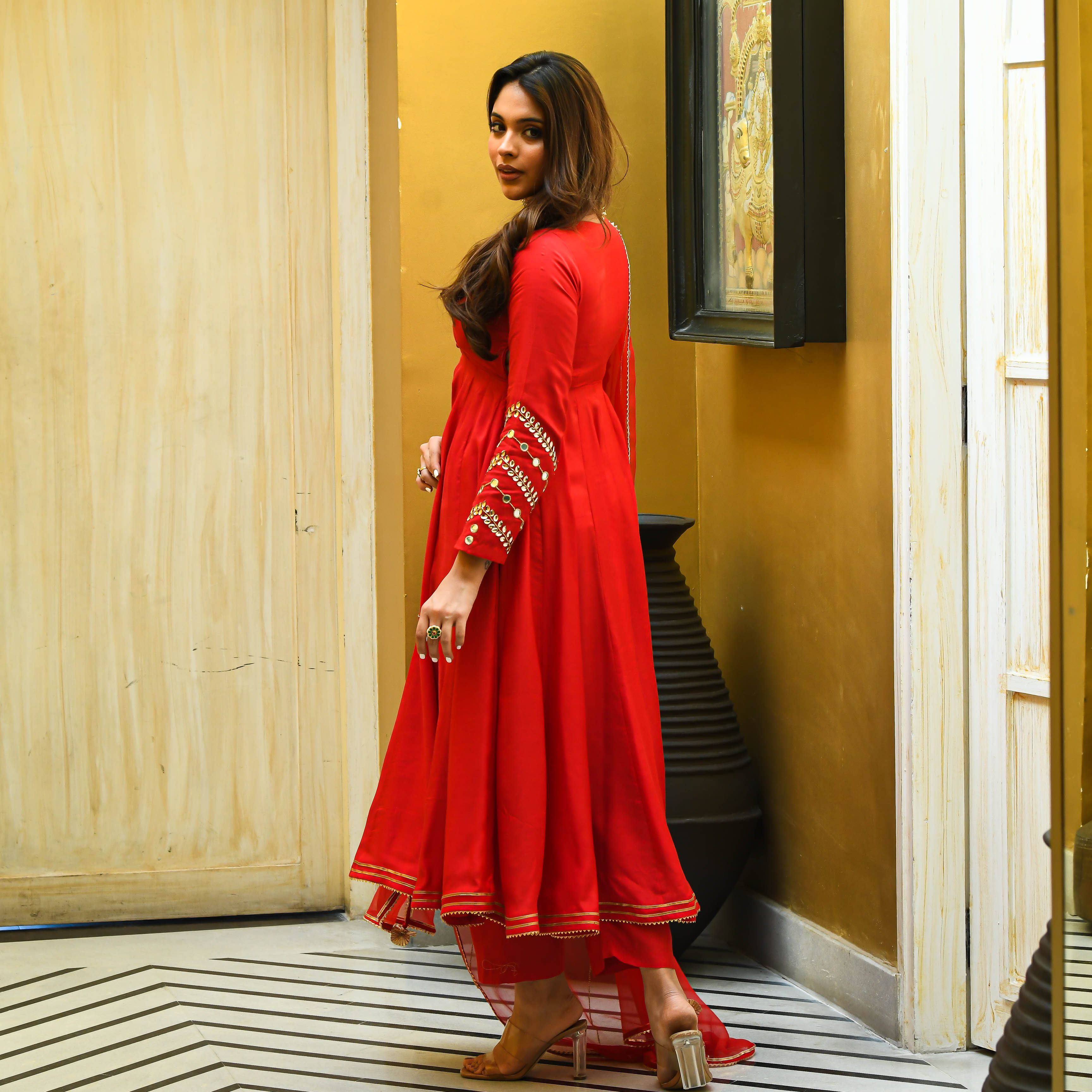 Full Sleeve Silk Anarkali Suit Set with Mirror work