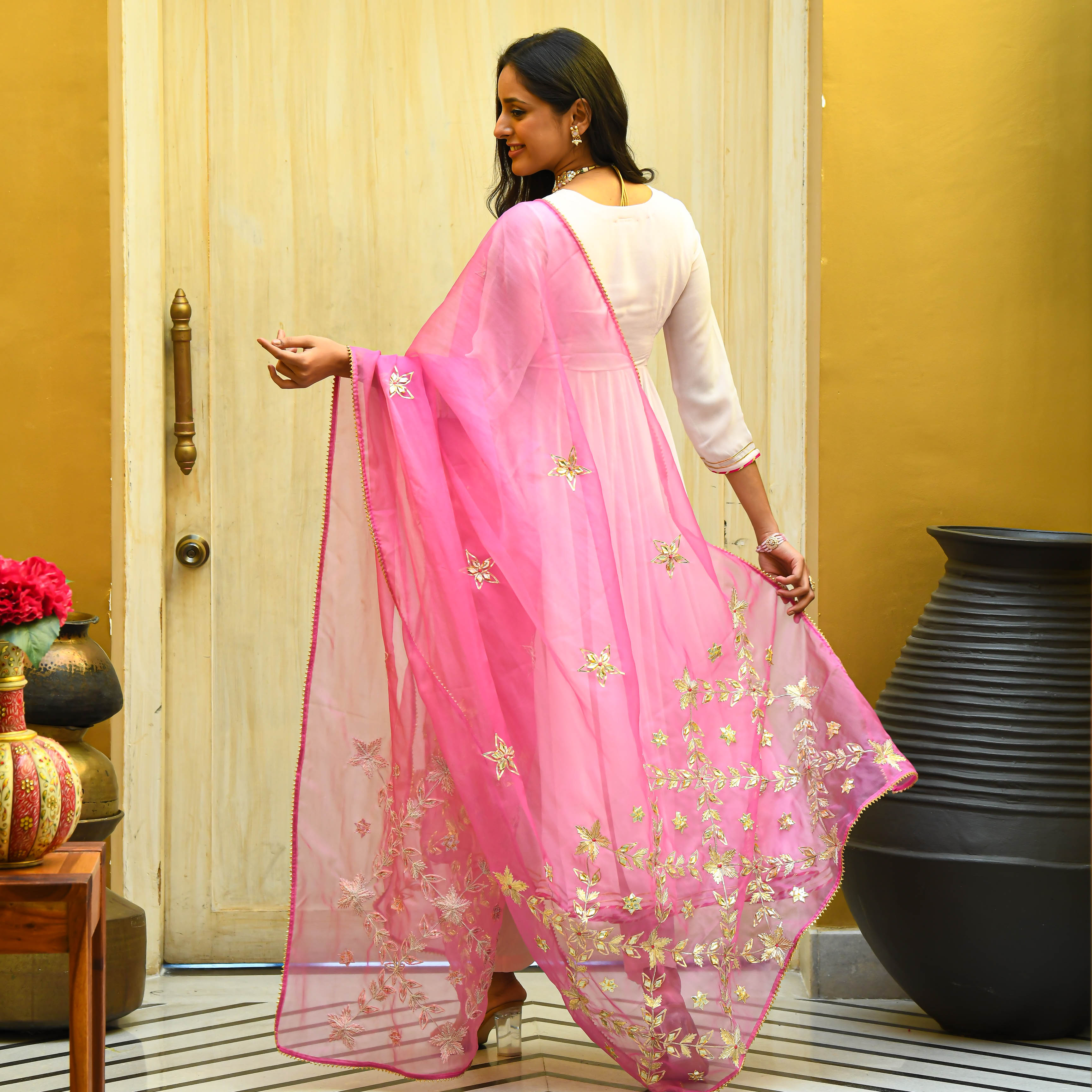 Baby Pink Georgette Gota Anarkali Suit Set