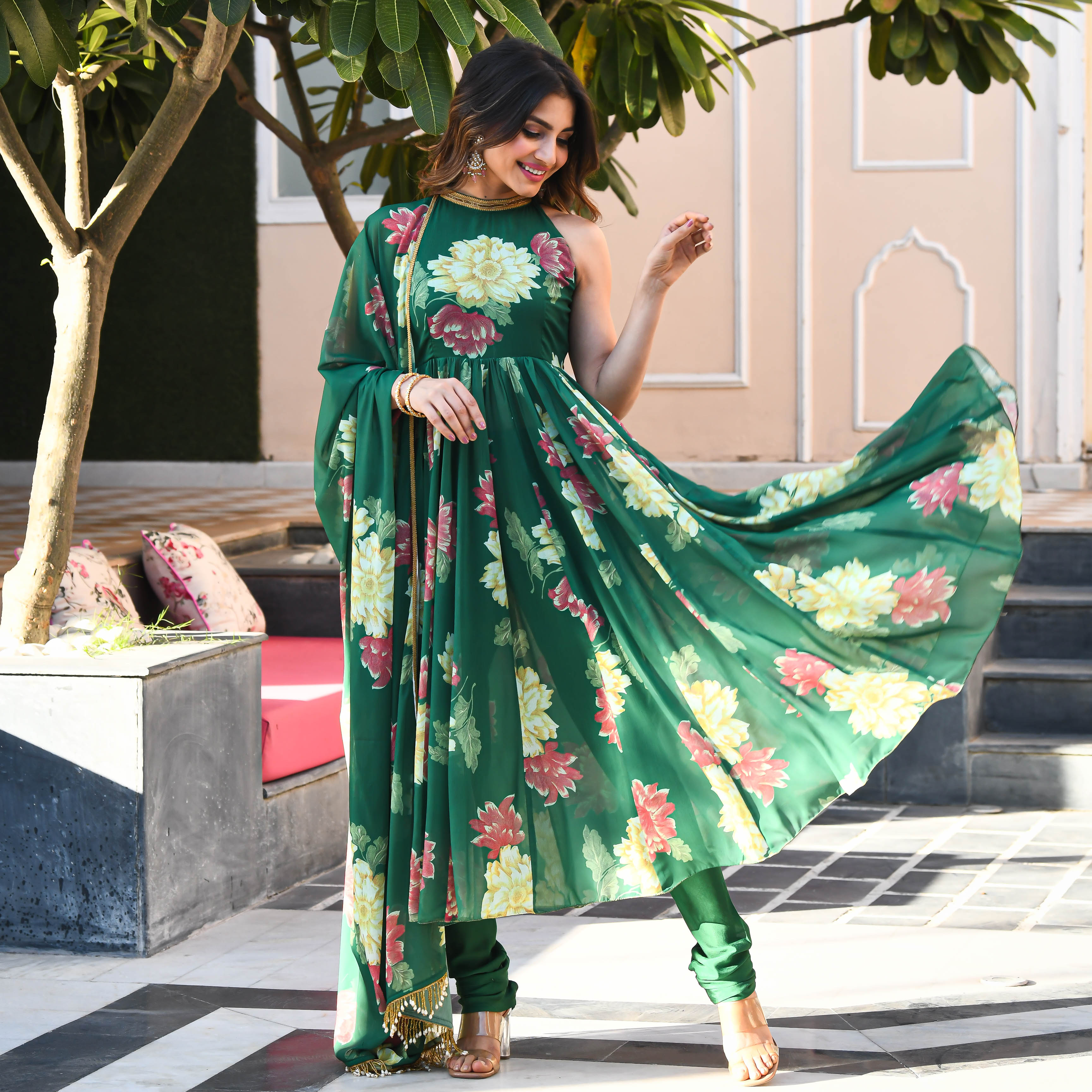 Dark Green Floral Print Georgette Salwar Suit Set For Women Online