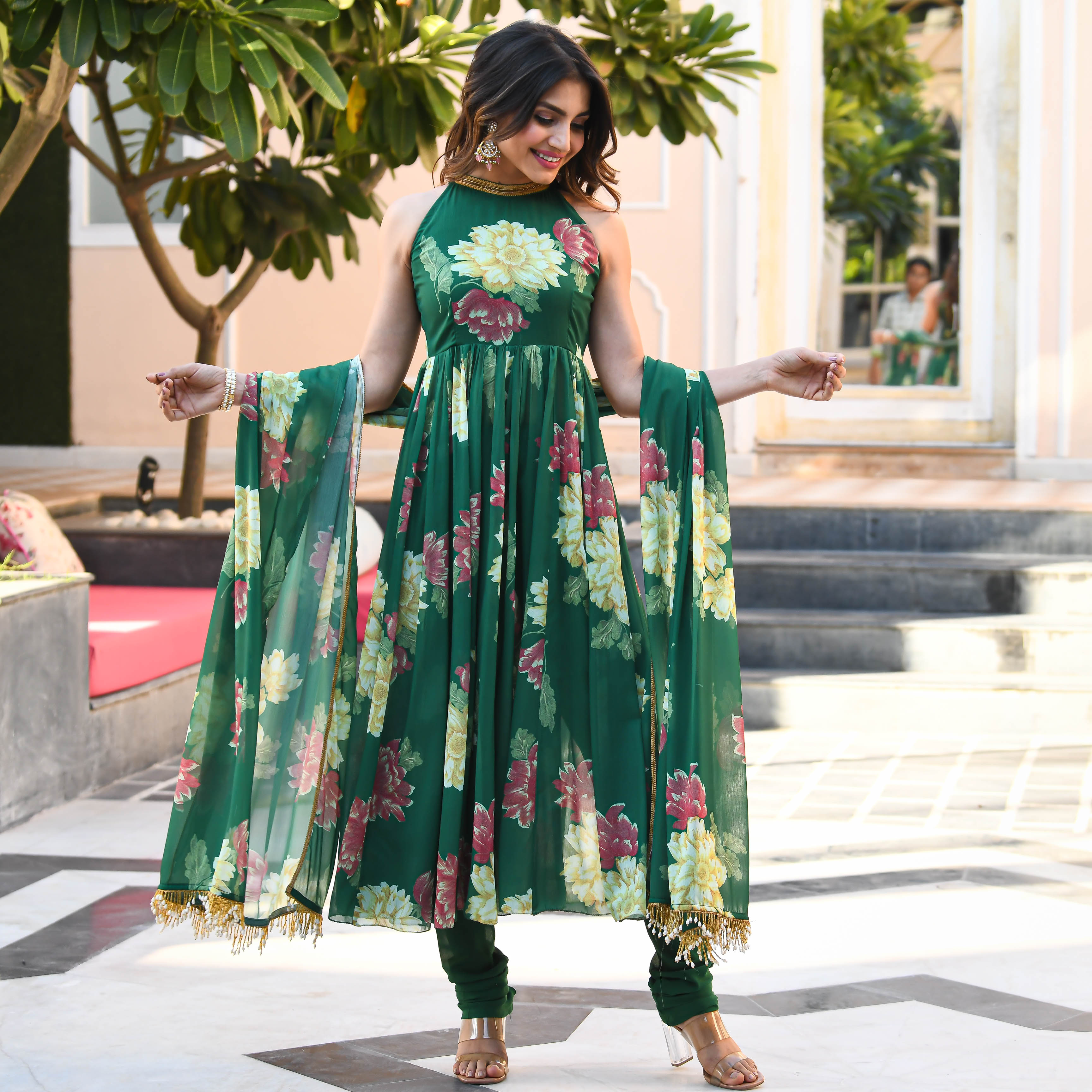  Green Floral Print Georgette Salwar Suit