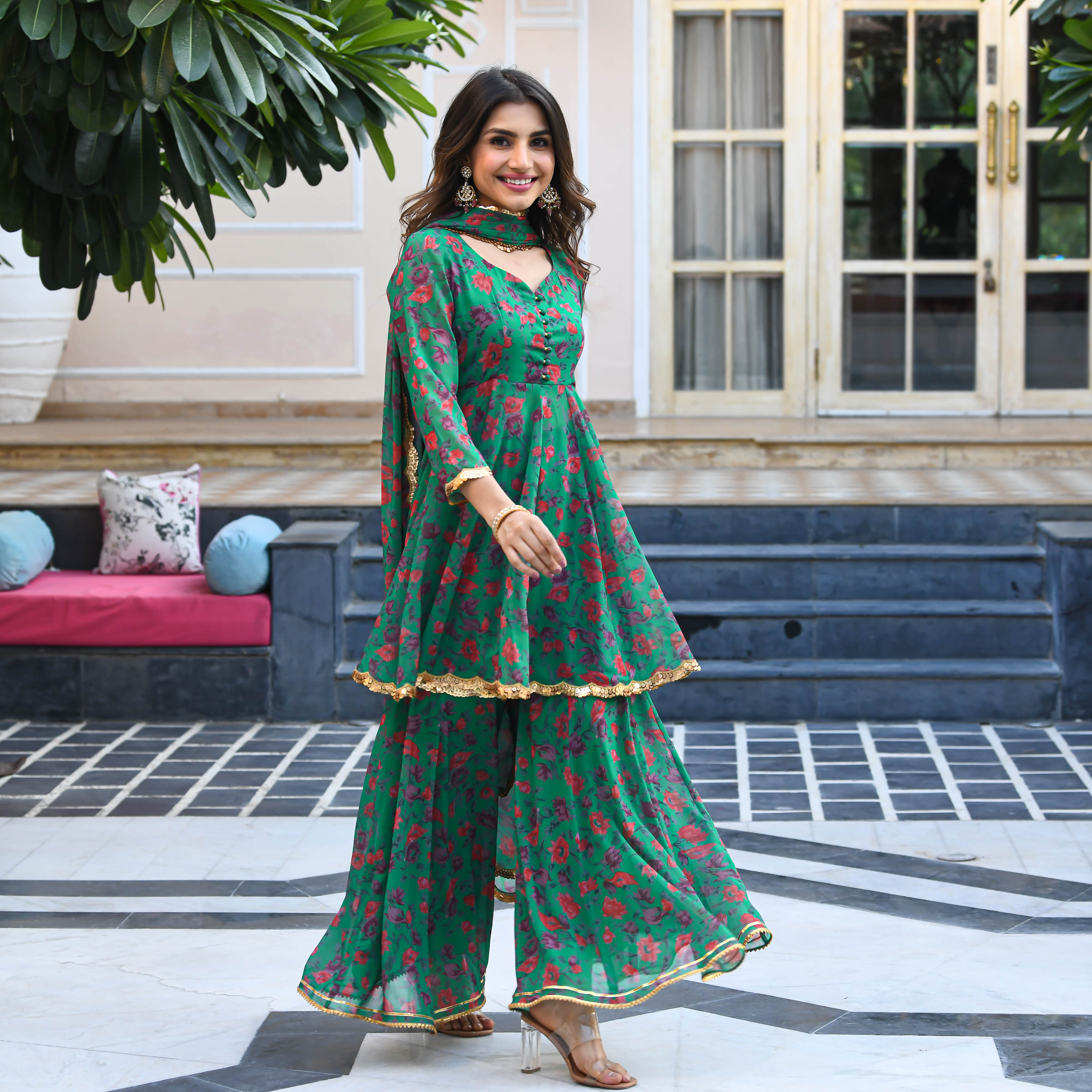  Green Floral Print Geogette Salwar Suit Set For Women Online