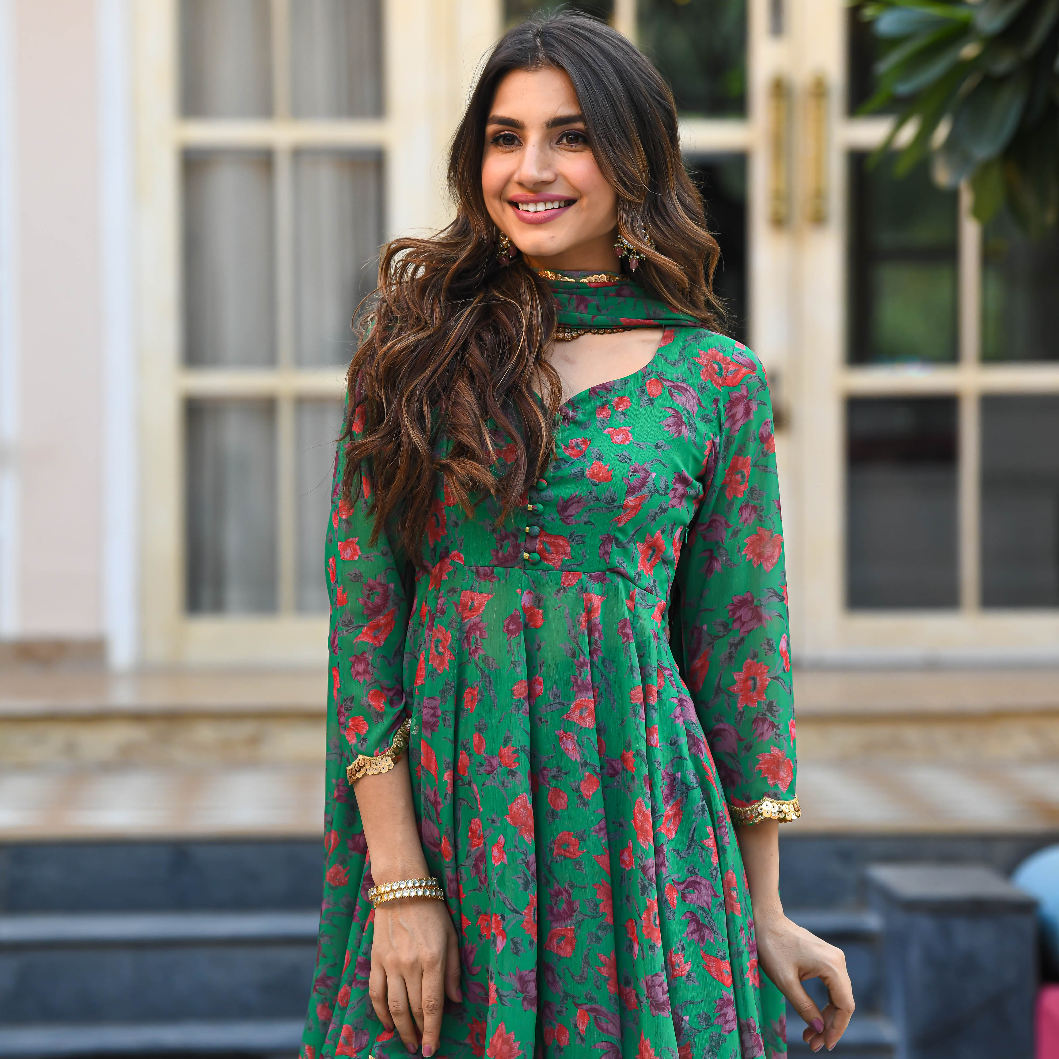  Green Floral Print Geogette Salwar Suit Set For Women Online