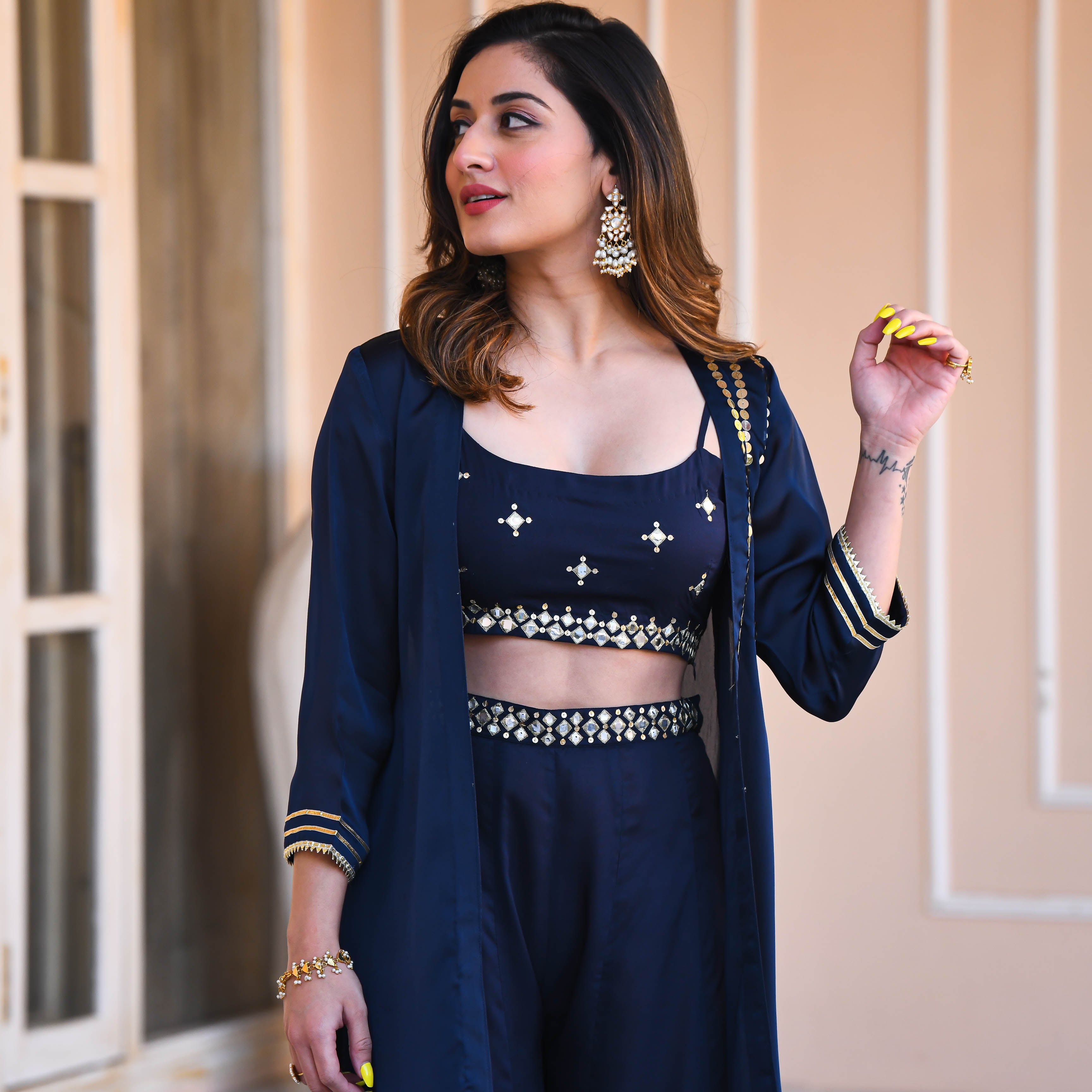  Blue Mirror Work Designer Cotton Co-ord Set For Women Online
