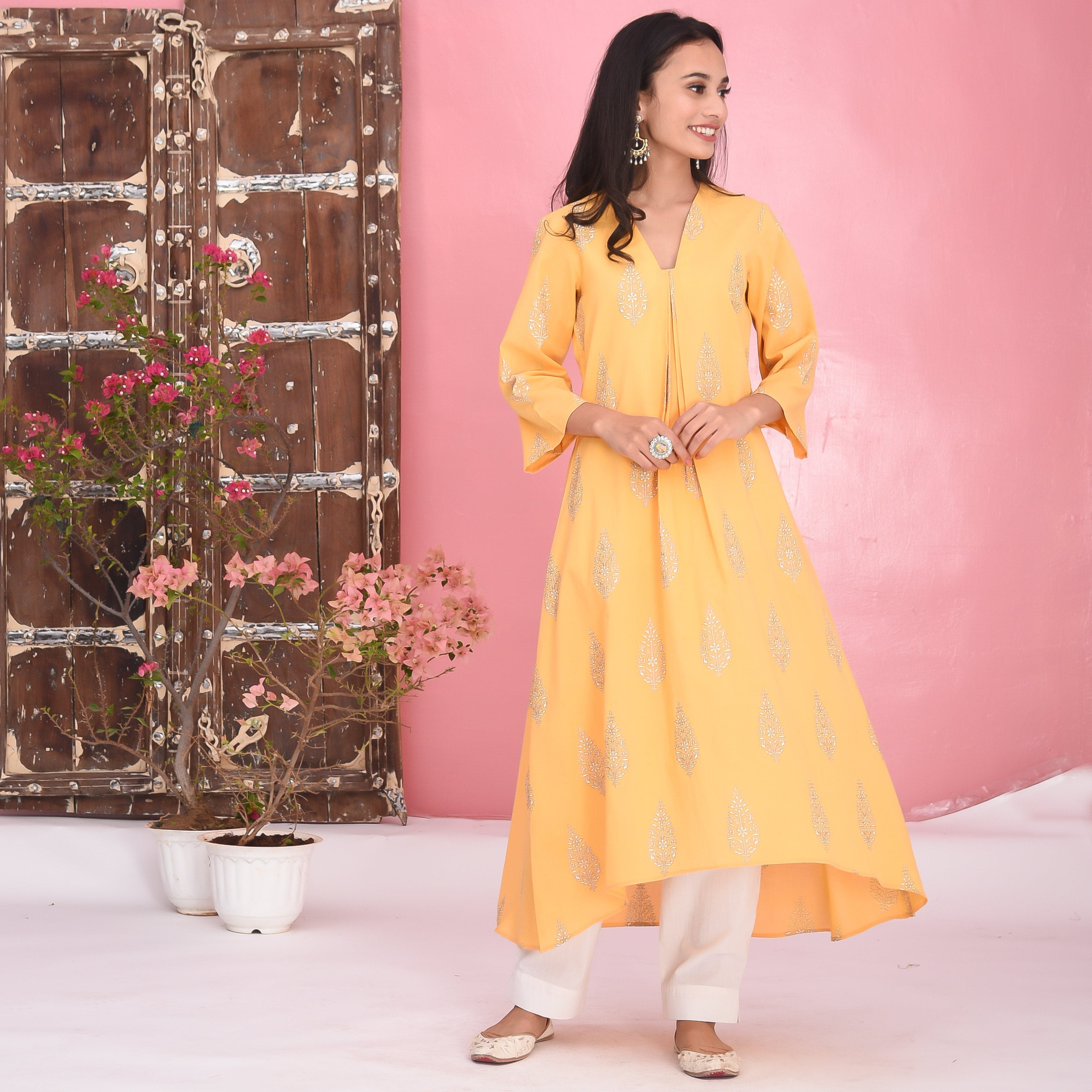 YELLOW FINE CHIKANKARI WITH MUKESH WORK KOTA COTTON LONG KURTI – Awadhkari